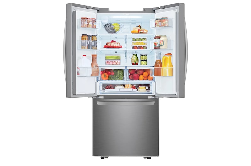 Vista frontal puerta superior abierta con comida Nevecon French Door LG LM22SGP